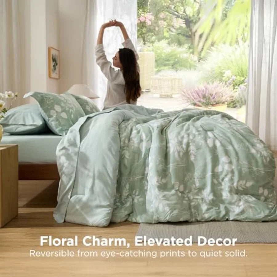 Comforter Set - 7 Pieces Floral Sage Green GentleSoft™ Bedding Sets, Bed in a Bag with Botanical Flowers Winter Comforter, Shee