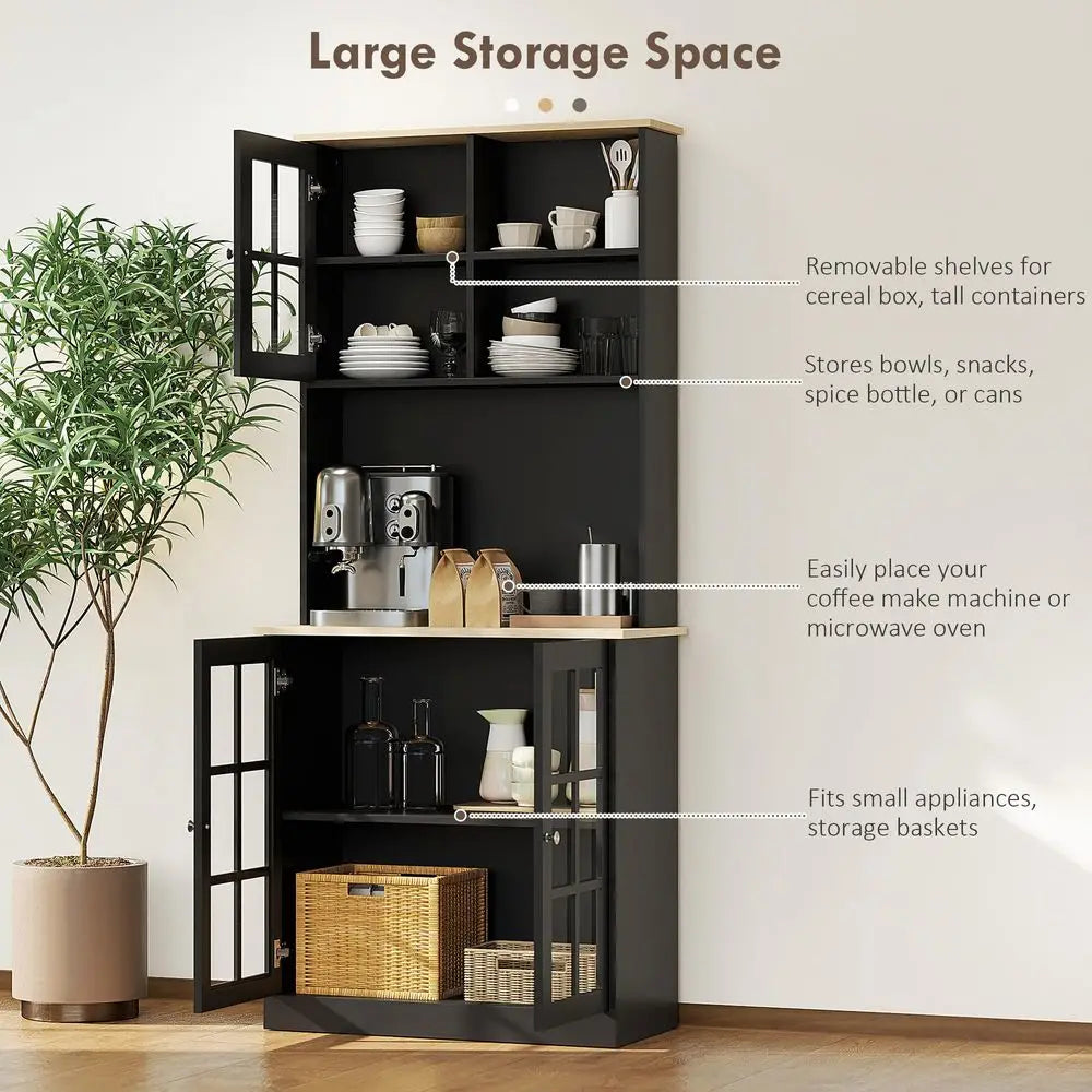 Kitchen Pantry Storage Cabinet, 72 Freestanding Cabinet with Hutch, Large Countertop, Glass Doors and Adjustable Shelves for Di