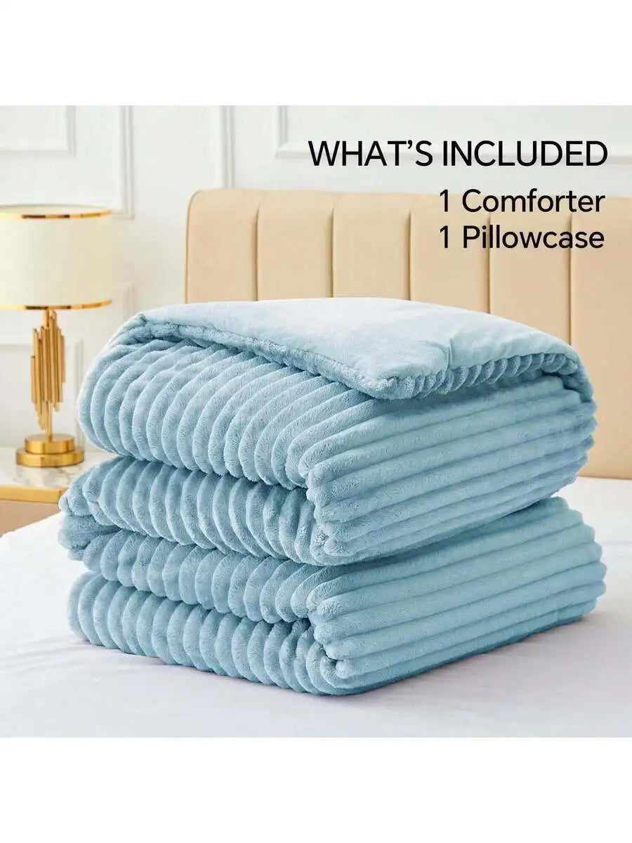 Fleece Comforter Set Super Soft Warm Fluffy Light Grey Bedding With 1 Pillowcase