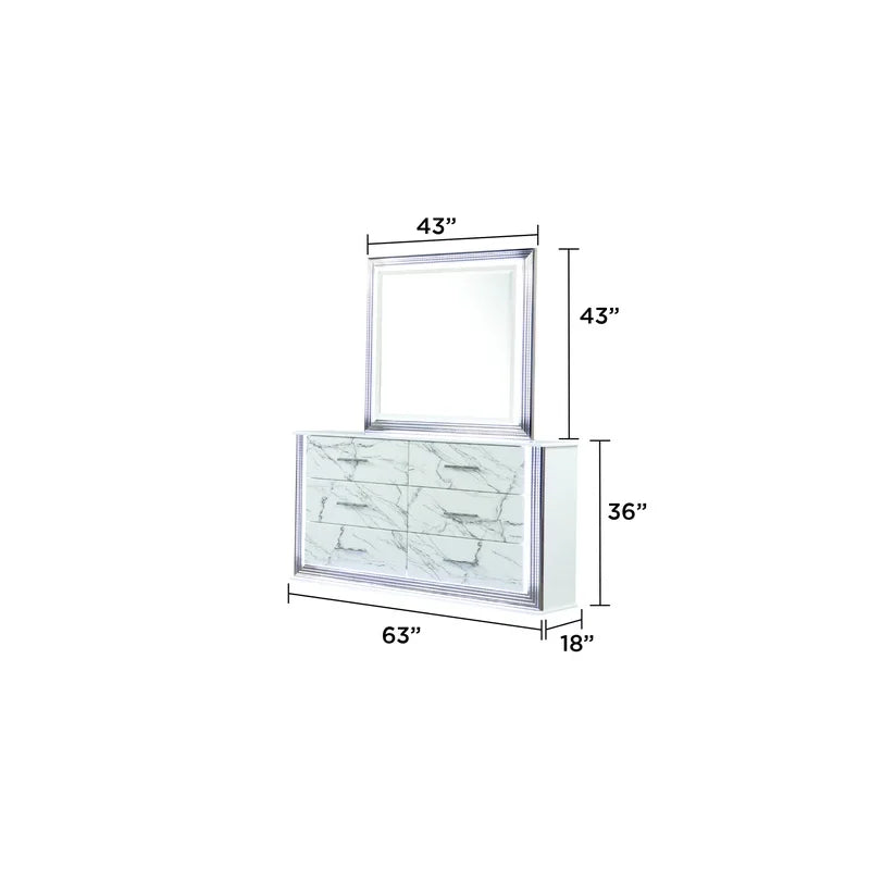 White & Marble 5-Piece Bedroom Set with LED Bed, Storage Footboard, Dresser, Mirror, Nightstand, Chest, Metallic Finish