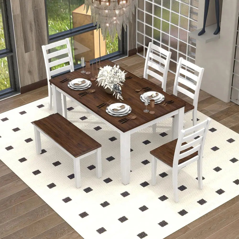 Solid Wood Dining Table Set for 6, Farmhouse Kitchen Table Set with Bench and Chairs, Rustic Dining Room Table and Chairs Set,