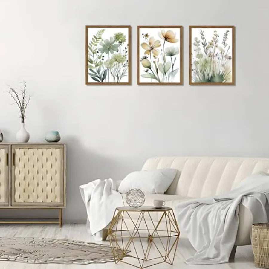 Wood Framed Sage Green Botanical Wall Art Set of 3 for Bedroom Bathroom Living Room, Boho Floral Canvas Prints, Minimalist Flow