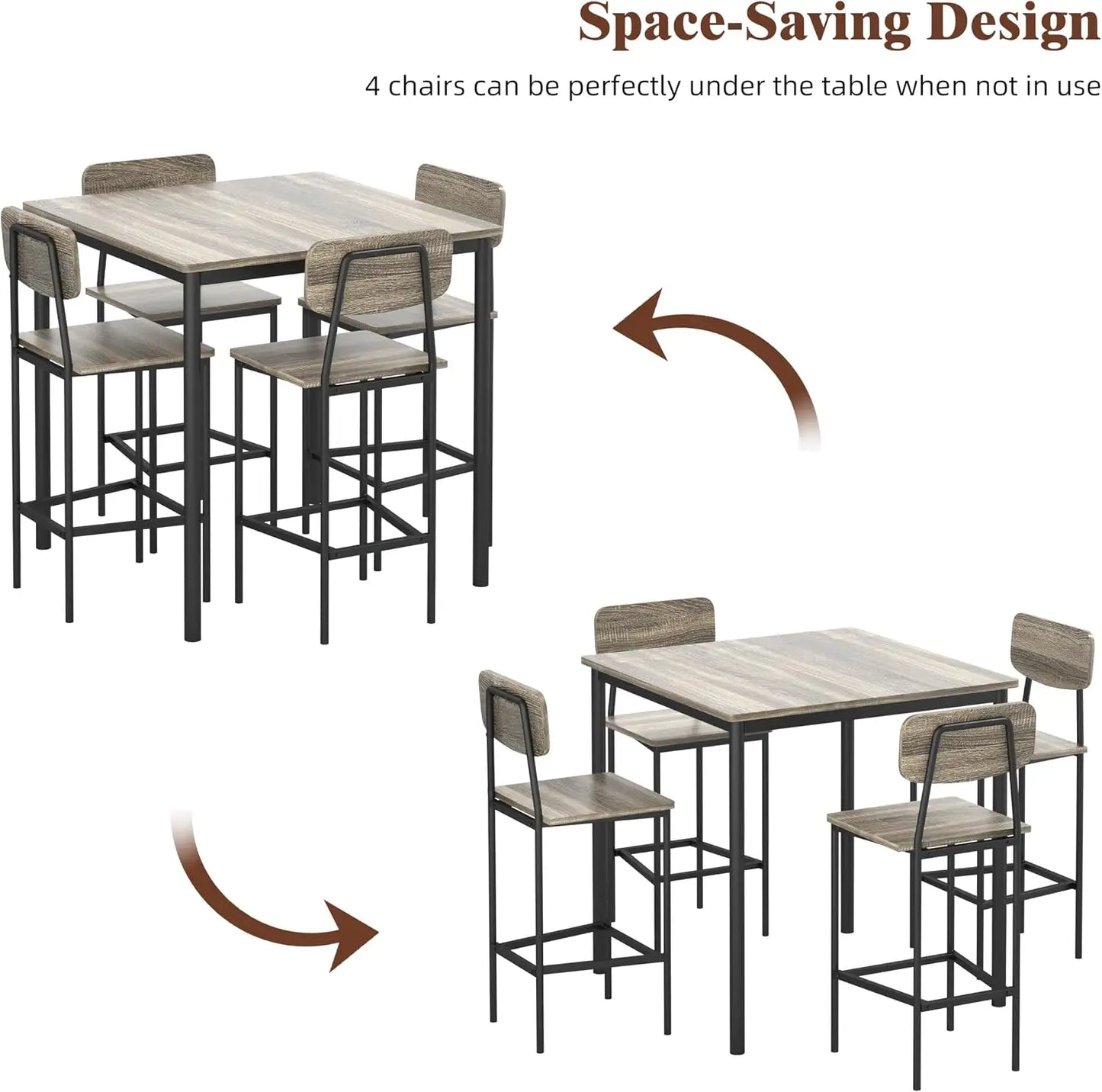 Kitchen Table and Chairs of 4, 5 Piece Dining Table Set, Sturdy Industrial Space Saving Dinette Set for Pub, Customized
