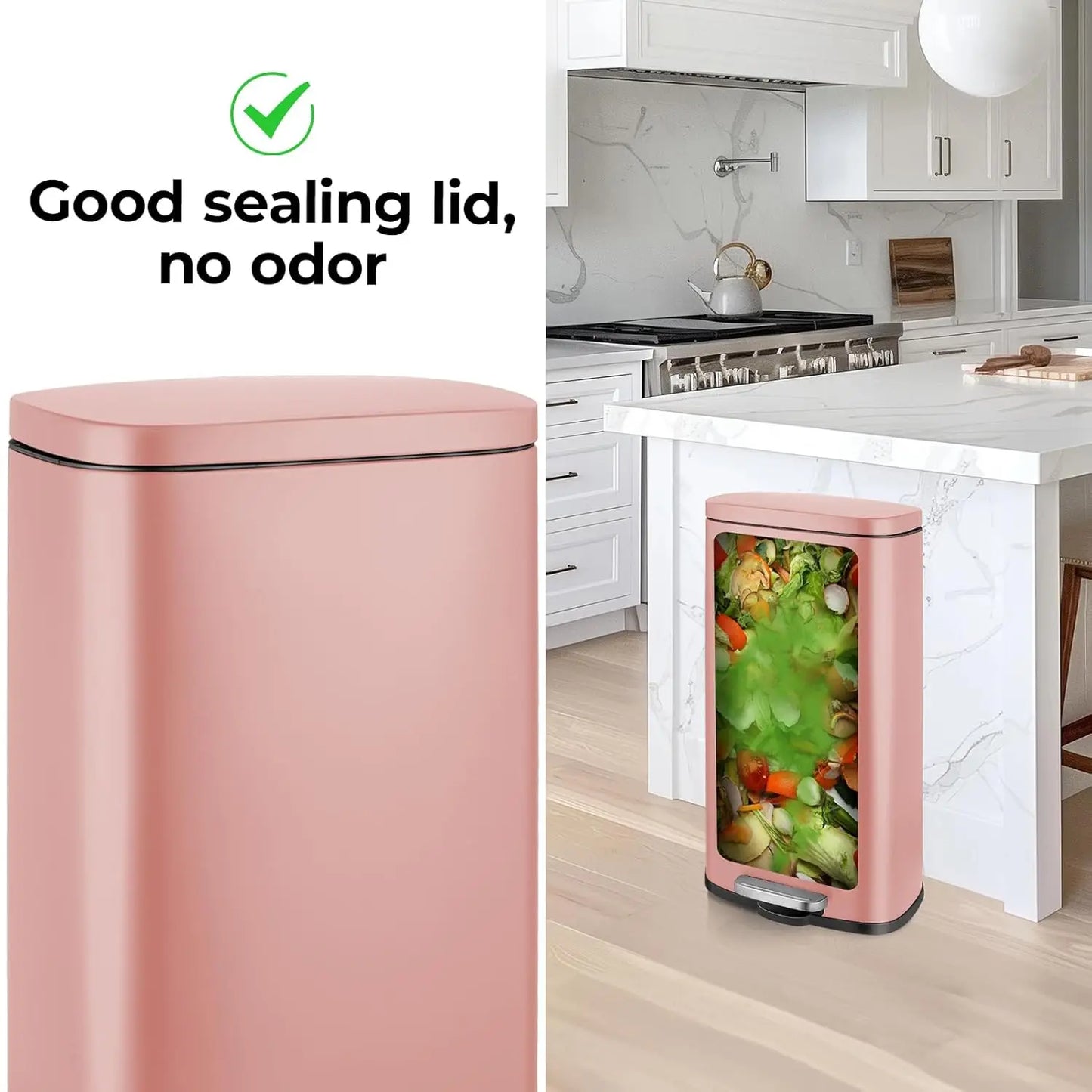 8Gal/30L Kitchen Trash Can,Pedal Waste Bin Rectangular Step Trash Can with Lid Soft-Close,Stainless Steel,Pink