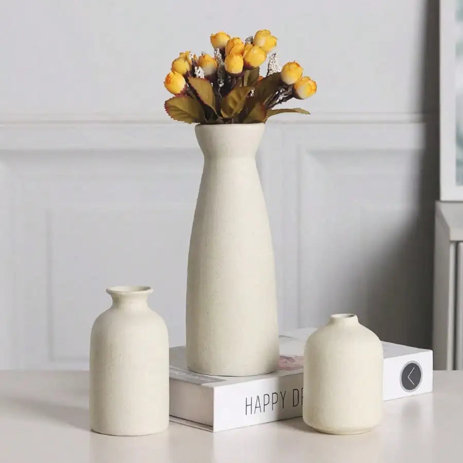 Set Of 3 Minimalist Beige Ceramic Vases - Elegant Home Decor & Wedding Centerpiece - Modern Flower Vases Set - Romantic Gift Ide