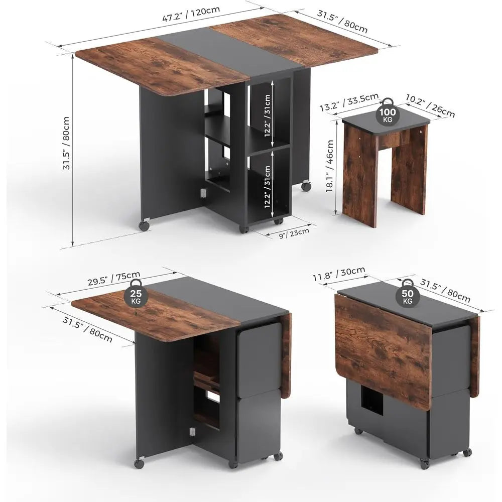 Space-Saving 4-Piece Dining Set with Drop Leaf Table and Chairs, Storage and Wheels, Rustic Brown & Black Kitchen Dining