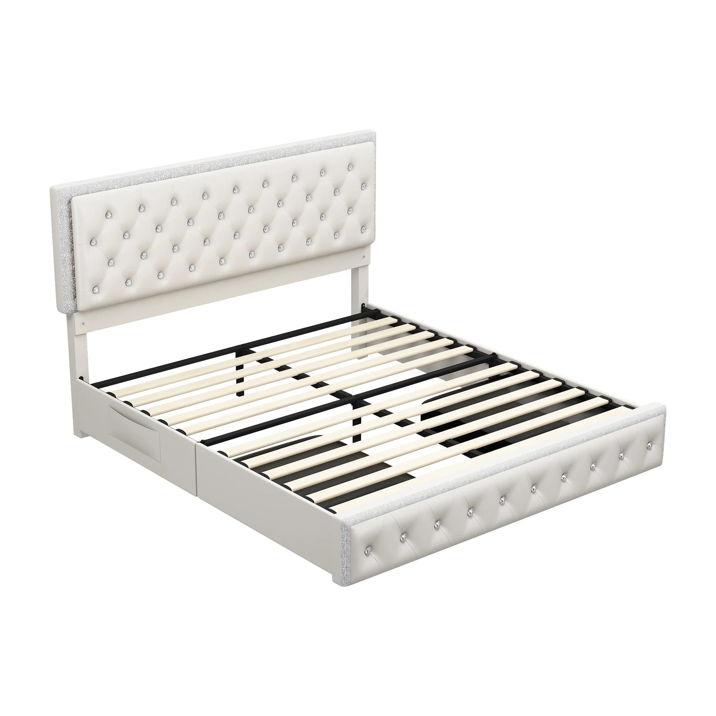 Sibeds Queen Size Bed Frame with LED Lights , King Size with 2 Drawers, Full Bed Crystal Button Tufted Headboard, Solid Slats, Noise Free, No Box Spring Needed, Easy Assembly，PU & Velvet