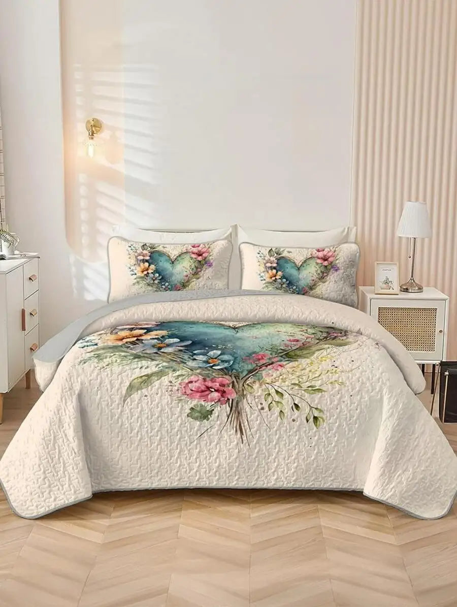 Quilted Floral Print Bedding Set With Pillowcases Soft Breathable Machine Washable Twin Queen King