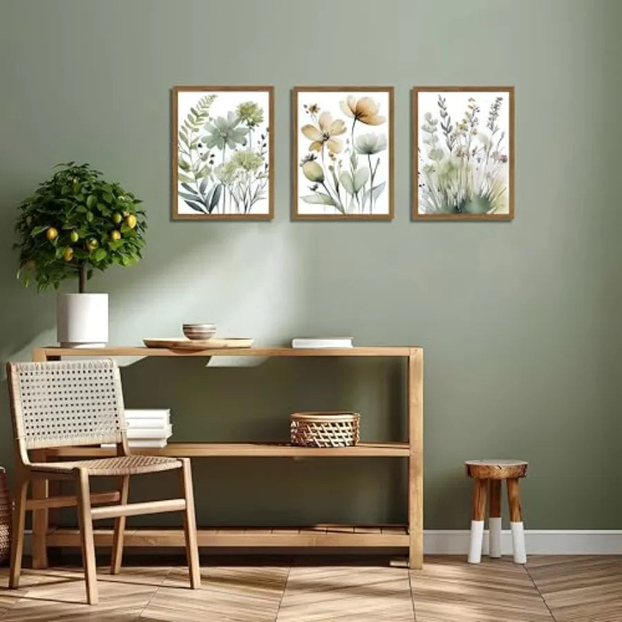 Wood Framed Sage Green Botanical Wall Art Set of 3 for Bedroom Bathroom Living Room, Boho Floral Canvas Prints, Minimalist Flow