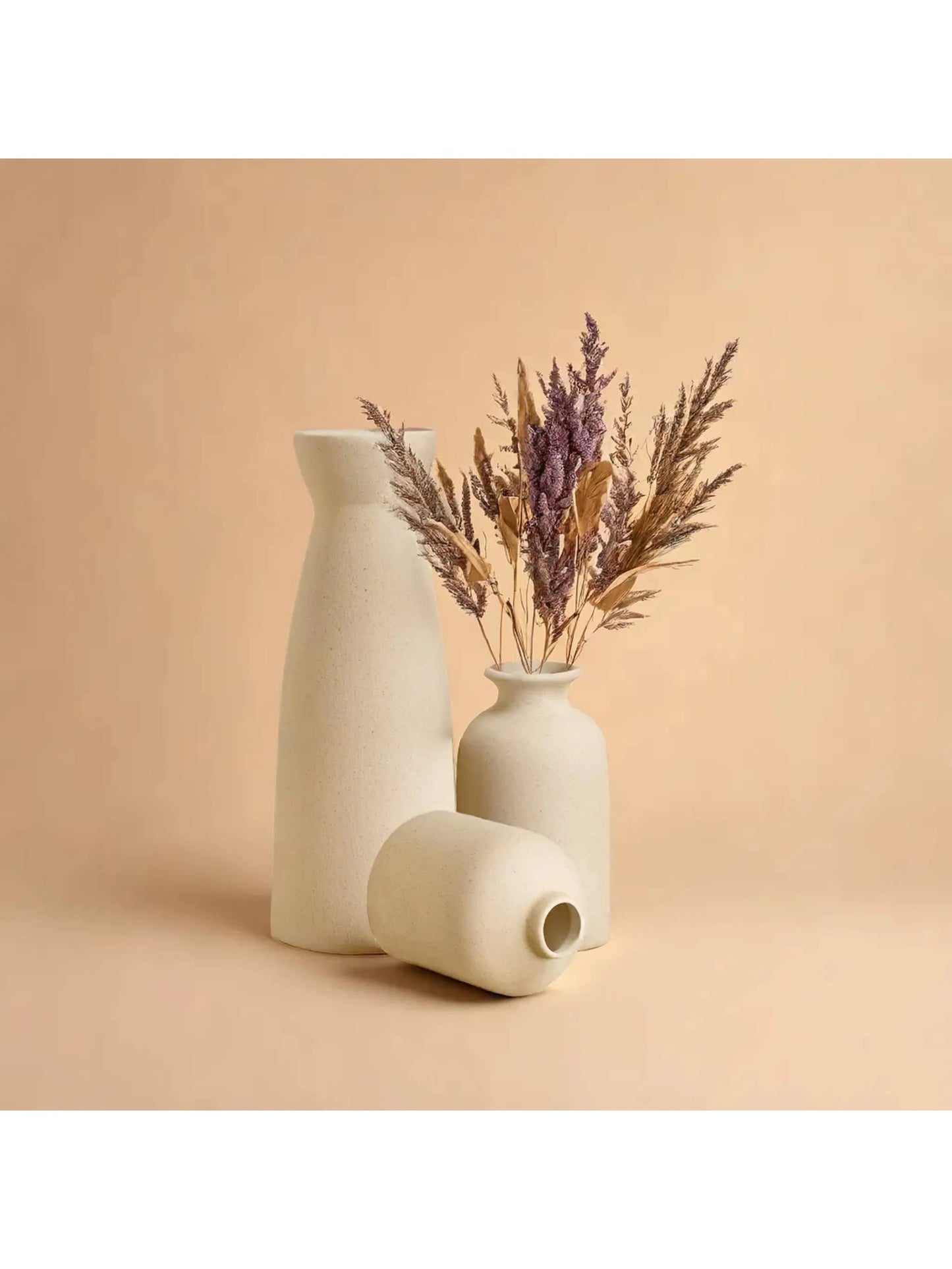 Set Of 3 Minimalist Beige Ceramic Vases - Elegant Home Decor & Wedding Centerpiece - Modern Flower Vases Set - Romantic Gift Ide