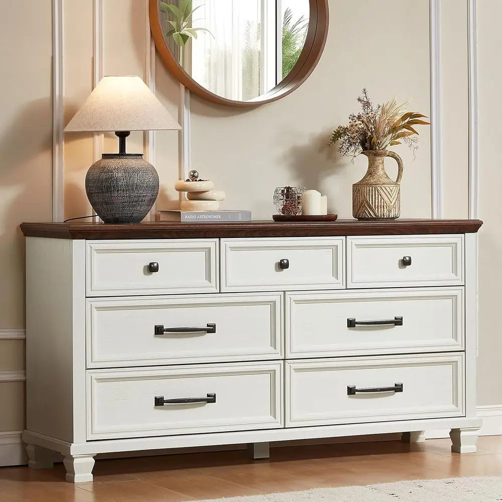 3-Piece Rustic White Wood Bedroom Furniture Set: 7-Drawer Dresser & 2-Drawer Nightstands