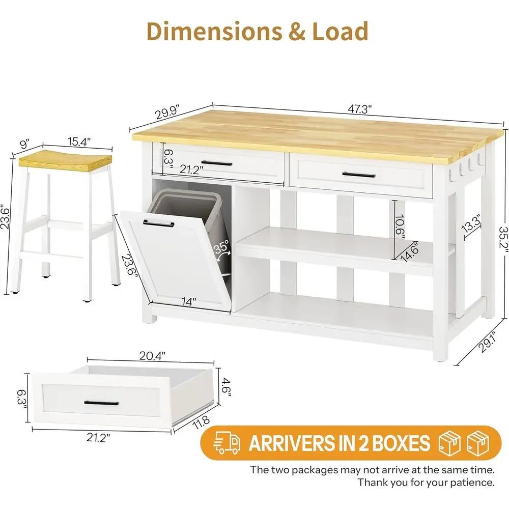 Kitchen Island with Storage and Seating Include 2 Bar Stools, 47" Solid Rubberwood Top Kitchen Island with Trash Can Storage, Po