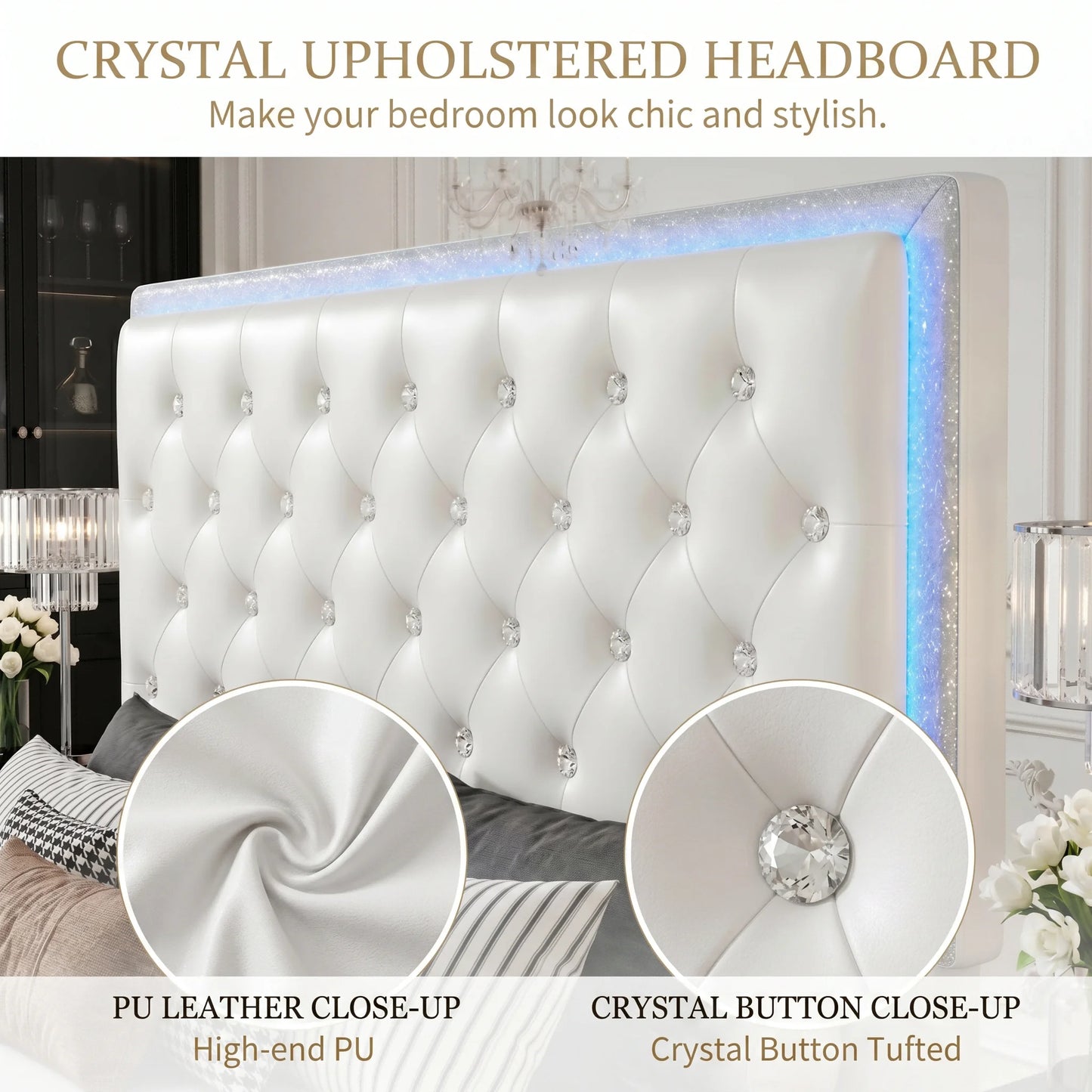 Sibeds Queen Size Bed Frame with LED Lights , King Size with 2 Drawers, Full Bed Crystal Button Tufted Headboard, Solid Slats, Noise Free, No Box Spring Needed, Easy Assembly，PU & Velvet