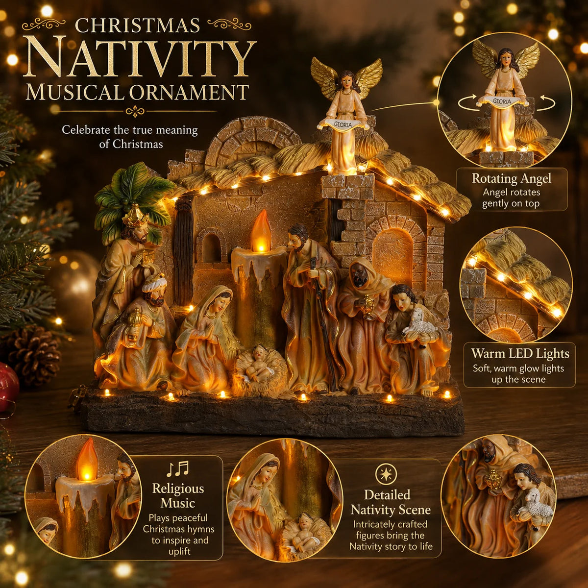 Candle Christ Nativity Desktop Ornament, Rotating Angel, Holy Family, With Religious Music, Window Display Holiday Gift