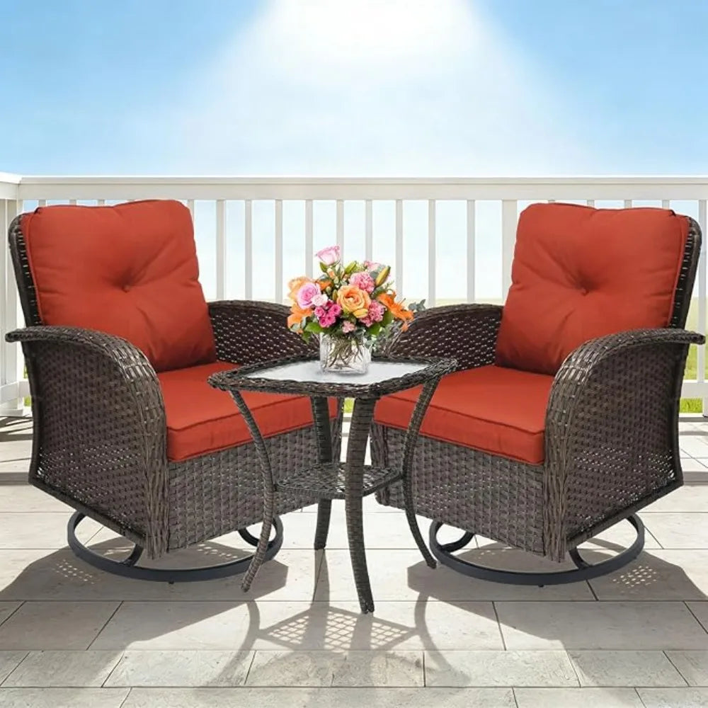 3 Pieces Outdoor Swivel Rocker Patio Chair Set Wicker Patio Swivel Chairs with Side Table Cushions High Back ront Porch Rocking