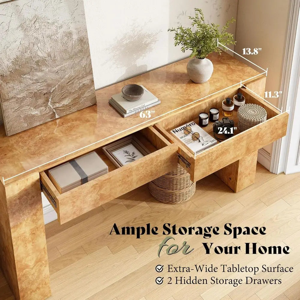 63 Modern Burl Wood Entry Table with 2 Drawers, Ideal for Sofa Back or Foyer, Suitable for Hallway and Living Room, Natural Fini