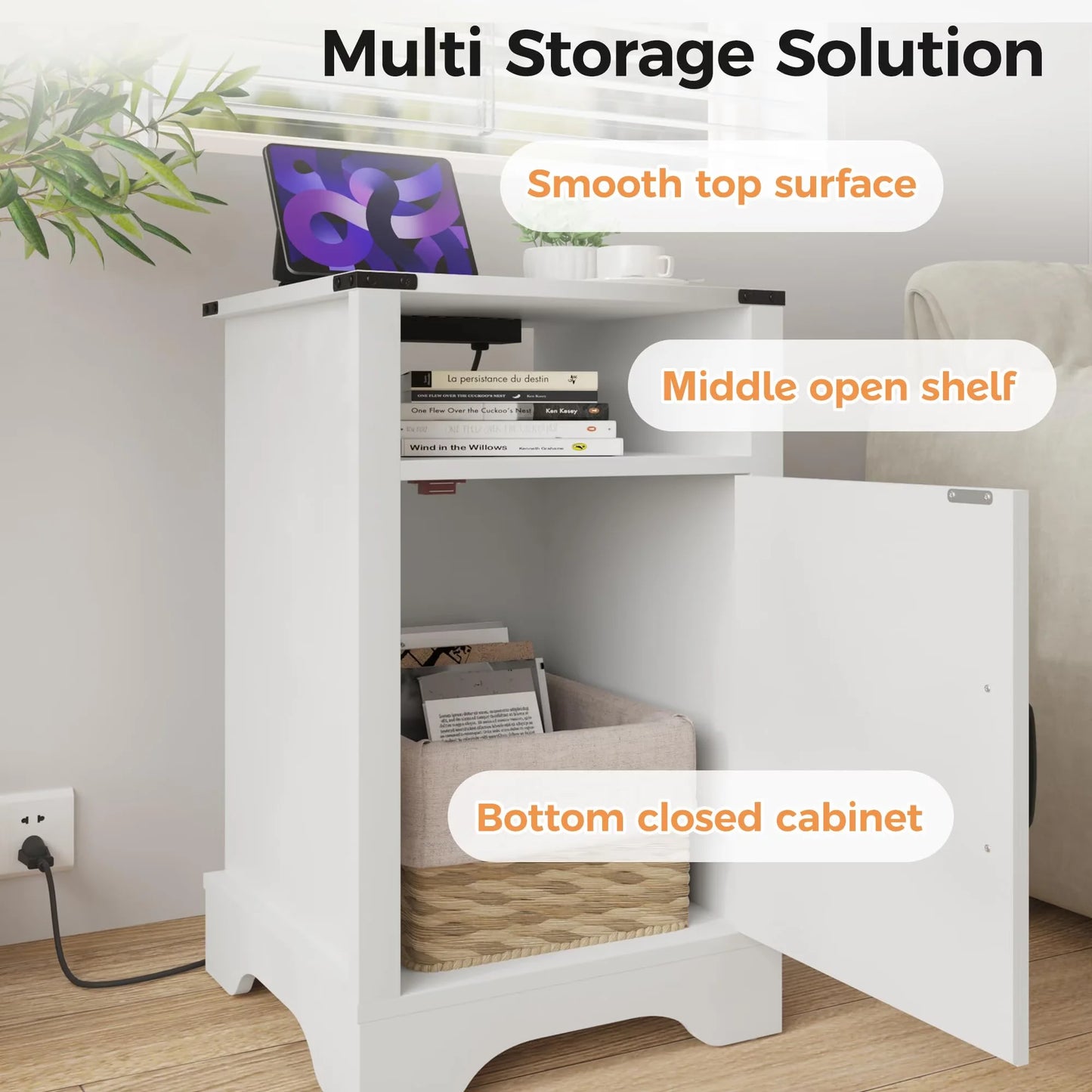 Farmhouse Nightstand with Charging Station, White Bedside Table with 2 USB Ports & Outlets, Wooden End Table with Storage for Bedroom