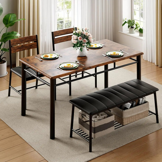 IRONCK Dining Table Set for 4, Kitchen Table with Upholstered Bench and 2 Chairs, Kitchen Table and Chairs Set for Small Space