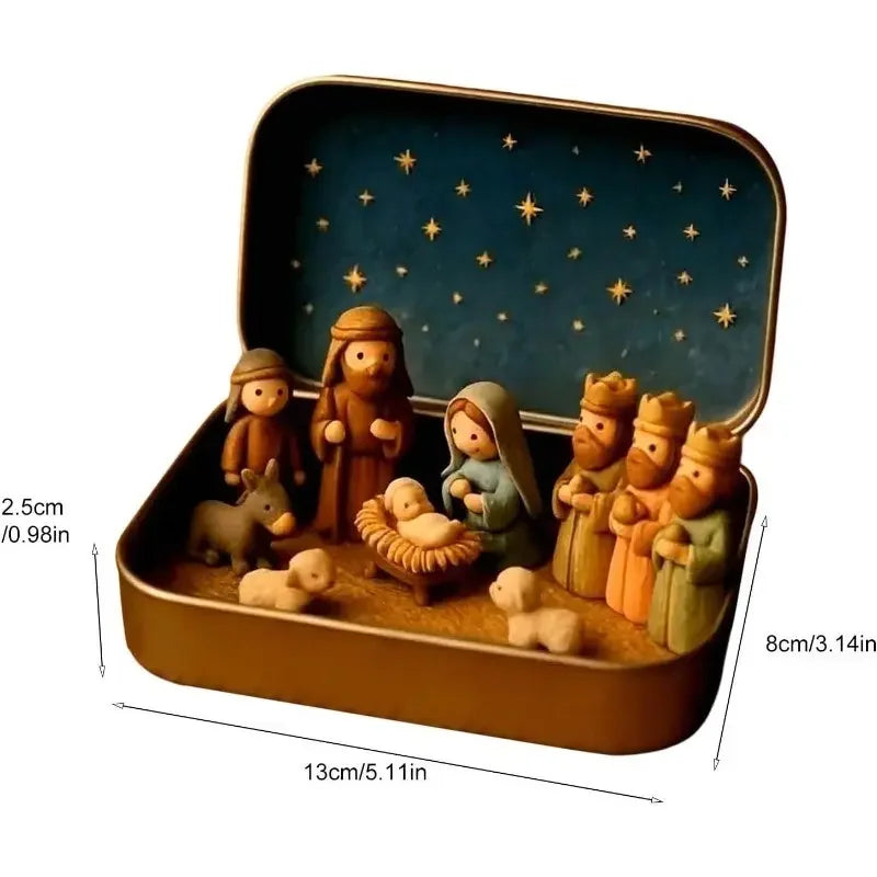 1 Set Mini Handmade Christmas Nativity Scene Figurine Set, portable box design featuring Mary, shepherd and animal figures with hand-painted details, holiday decoration, Ornaments and collectible gift for Christmas, Easter an
