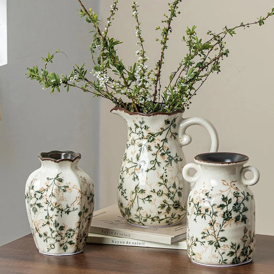 Ceramic Flower Vase Set for Home Decor, Vintage Green Vase (6+6+7 Inch) | Rustic Farmhouse Floral Vase for Kitchen, Bookshelf, Living Room, Coffee Table, Mantel, Entryway, Wedding Centerpiece