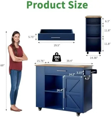 39" Rolling Kitchen Island with Storage and Drawer, Farmhouse Kitchen Island on Wheels with 3-Tier Spice Rack