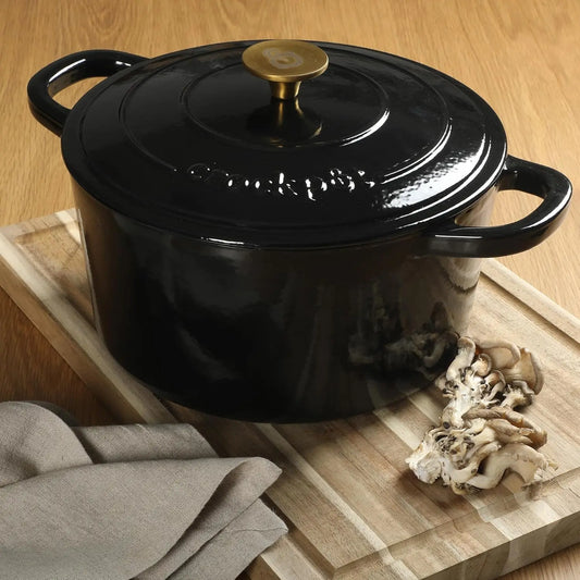 Crock Pot Artisan 7-Quart Round Cast Iron Dutch Oven with Lid – Black Enamel Finish, Gold Knob