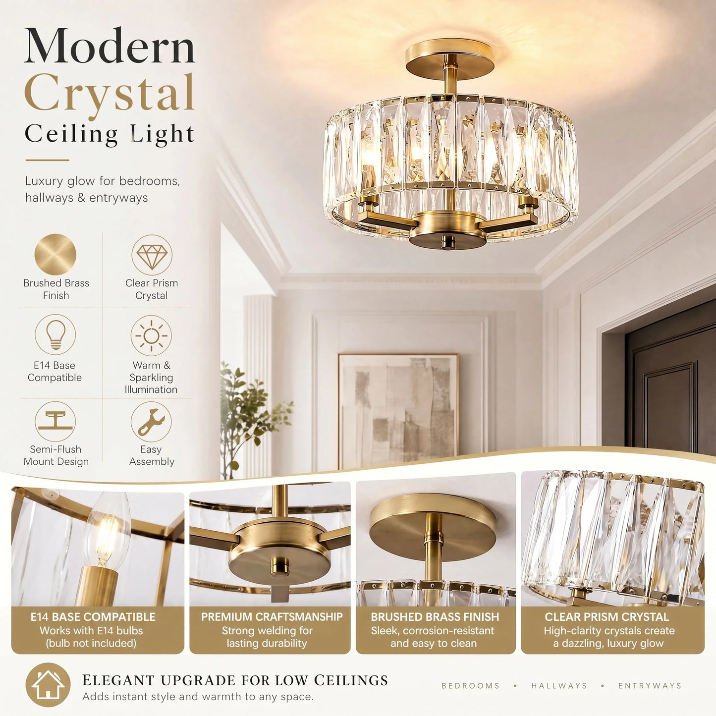Modern Gold Ceiling Light, Round K9 Crystal Semi Flush Mount Fixture for Hallway Living Room Kitchen Island Dining Room Foyer