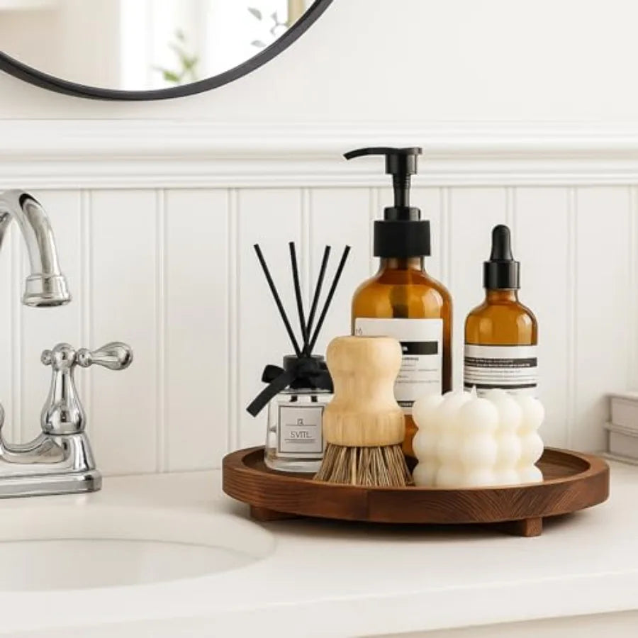 Round Decorative Wooden Tray for Bathroom Sink Kitchen Counter Decor Trays Small Wood Riser Pedestal Stand Dining Coffee Table