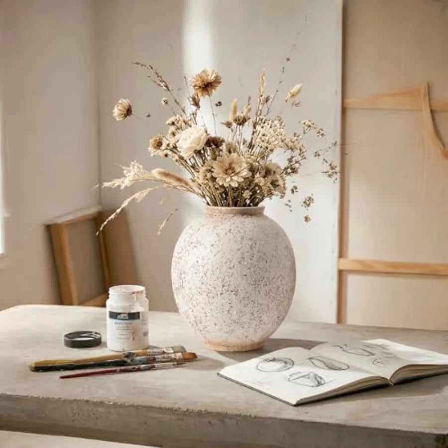 Large Round Retro Ceramic Vase 9.8" H Red White Speckled Flower Vase Centerpiece for Living Room Entryway and Home Decor