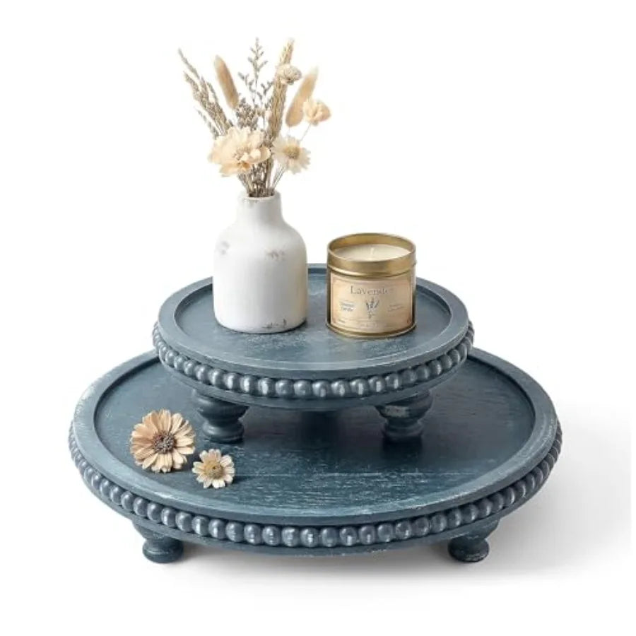 Round Pine Wooden Display Riser Set of 2 for Home Decor - Beaded Pedestal Stand for Bathroom and Coffee Table - Decorative Tray