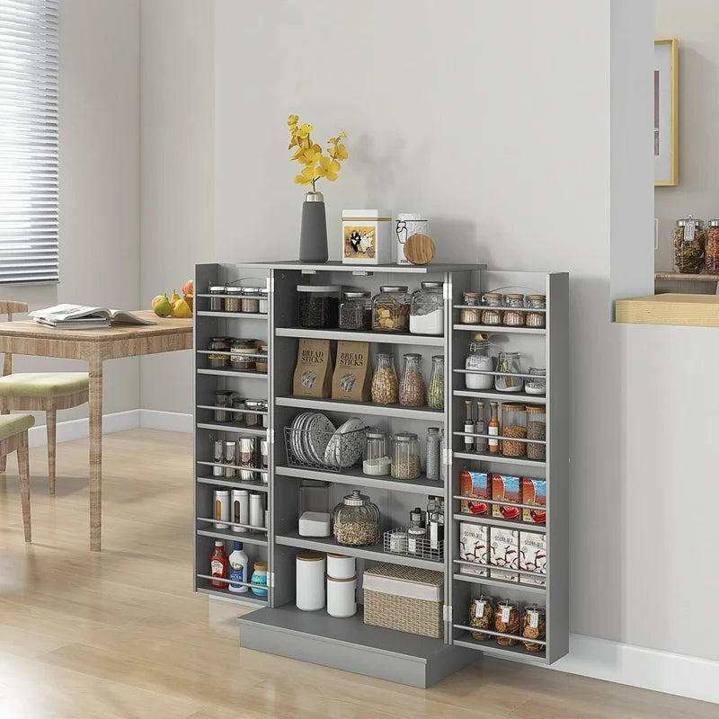 HOMCOM 41" Freestanding Kitchen Cabinet with Double Doors, 12 Shelves, 5-Tier Adjustable Storage, Paper Gray