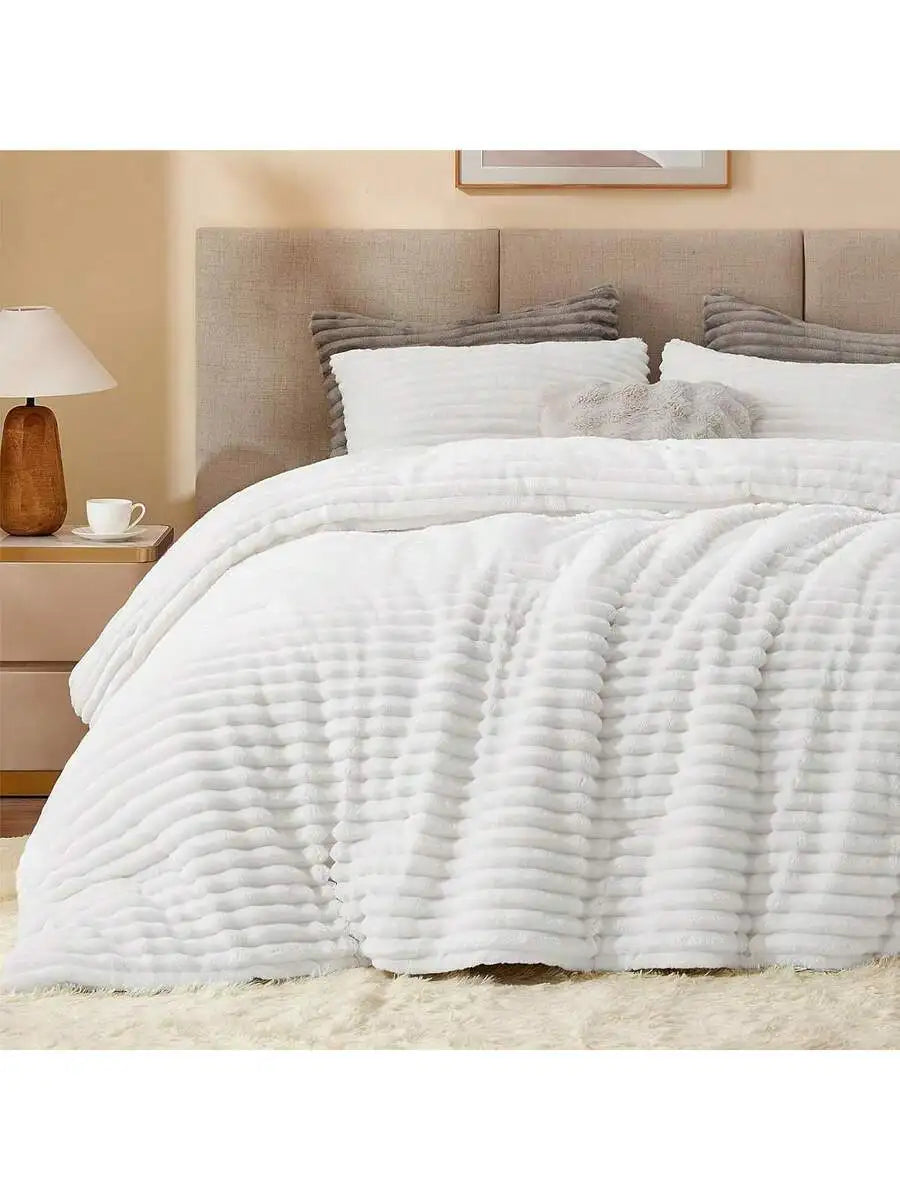Fleece Comforter Set Super Soft Warm Fluffy Light Grey Bedding With 1 Pillowcase