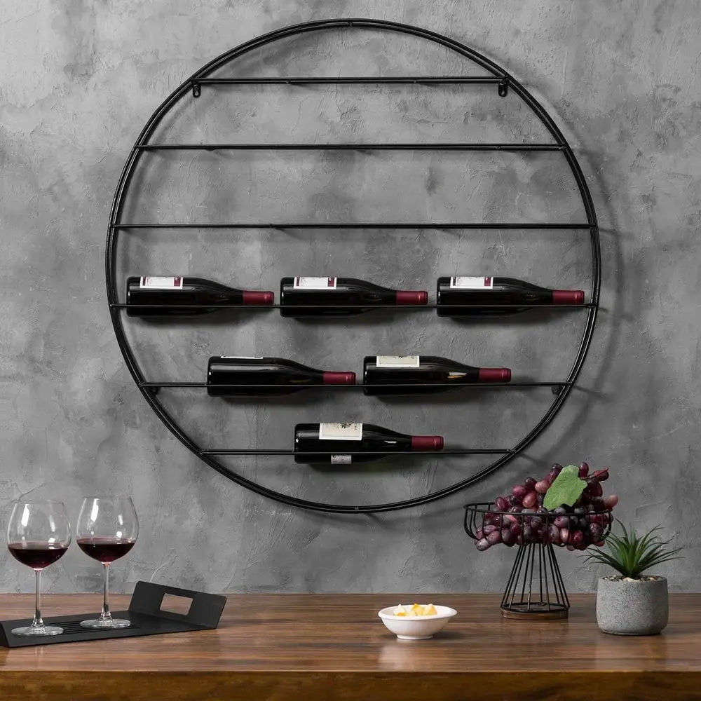 12-Bottle Modern Black Metal Round Wall Mounted Wine Rack – 6-Tier Horizontal Storage Shelf for Kitchen, Living Room & Wine Cell
