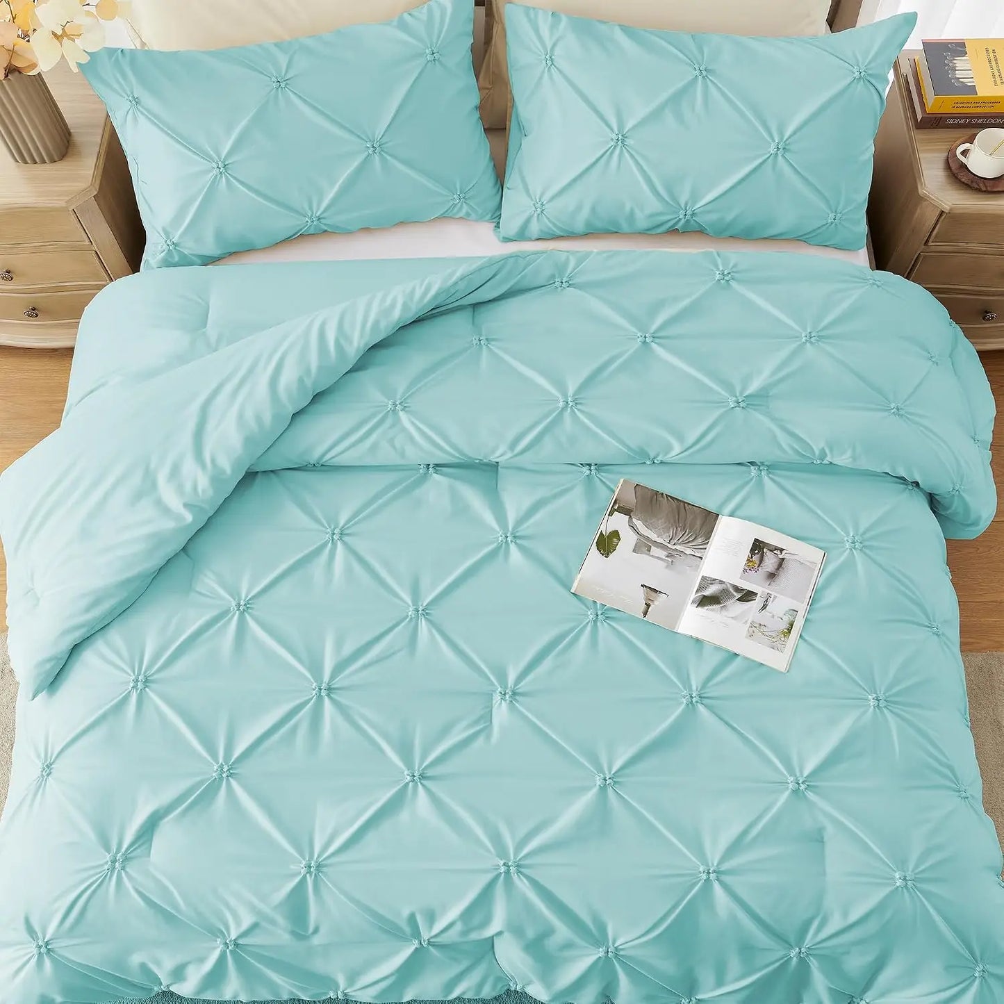 King Size Comforter Set Aqua Blue - Ultra Soft Boho Pinch Pleat Down Alternative Bedding 3 Pieces Lightweight Warm All Seasons