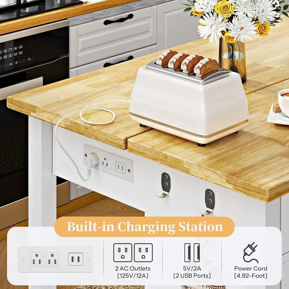 Kitchen Island with Storage and Seating Include 2 Bar Stools, 47" Solid Rubberwood Top Kitchen Island with Trash Can Storage, Po