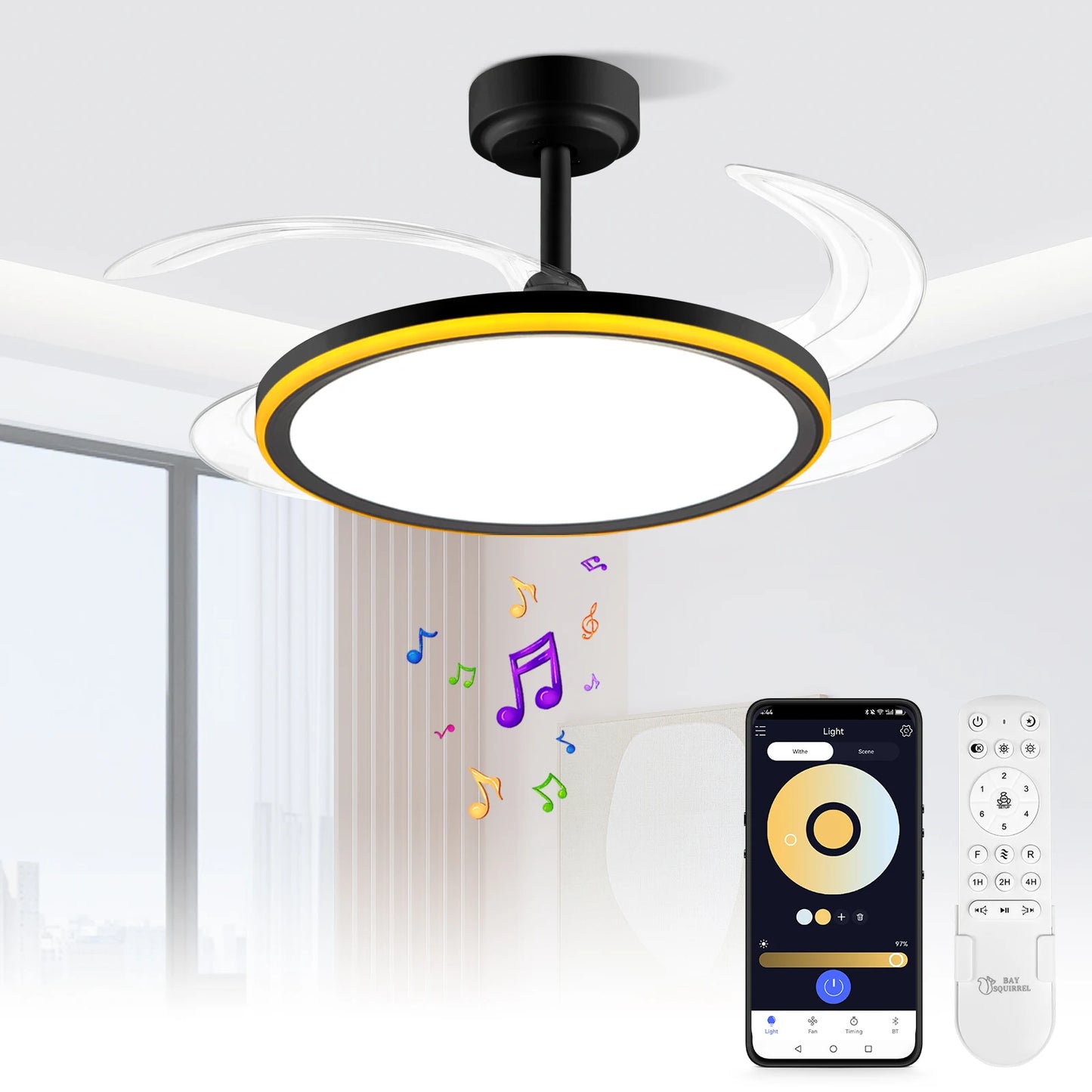 Slim Retractable Ceiling Fan With Light And App/Remote Control, 42Inch Modern Smart Ceiling Fan With Bluetooth Speaker, Dimmable Full Spectrum With Memory, 6-Speed Reversible Fan