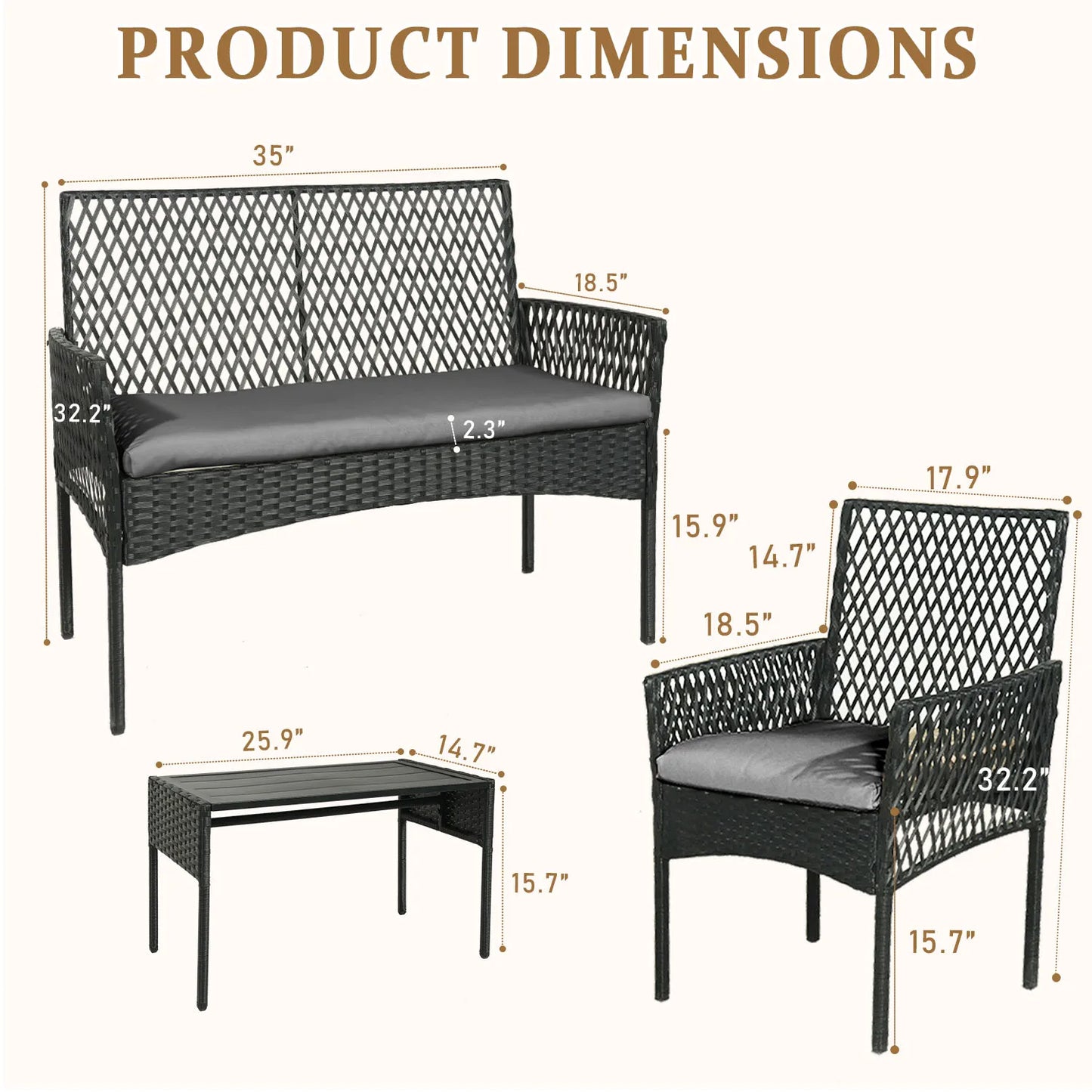 Outdoor Patio Furniture Set 4-Piece, Wicker Hollow-Out Conversation Sofa with Cushions & Coffee Table, All-Weather Patio Furniture for Backyard