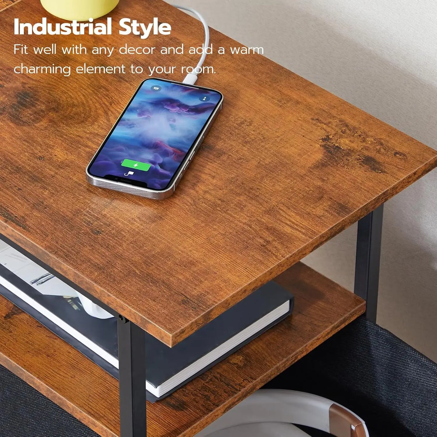 Narrow End Table with Charging Station, 2 Drawers, Nightstand for Small Spaces, Living Room, Bedroom, Rustic Brown & Black
