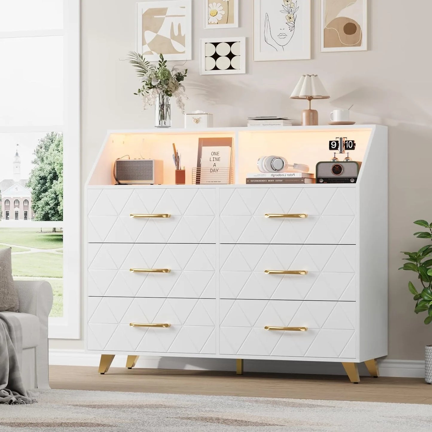 Modern 6 Drawer Dresser with LED Lights Charging Station Pink Wood Storage Cabinet Bedroom Chest of Drawers with Metal Legs Entryway Organizer