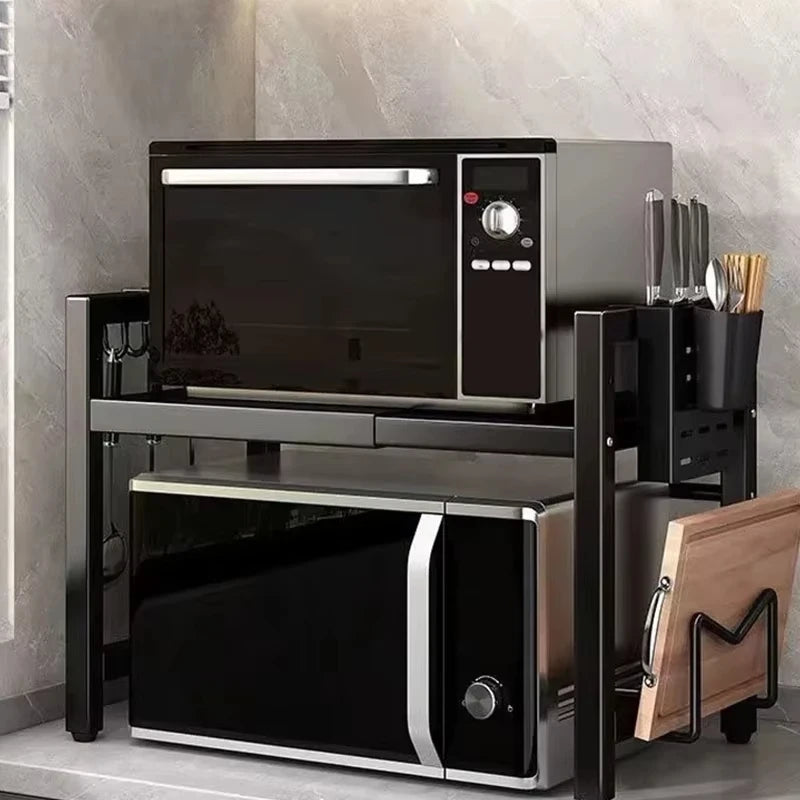 Height Adjustable Microwave Stand, Heavy Duty 2-Tier Kitchen Storage Rack with Hooks, Space Saving Countertop Organizer for Microwave, Air Fryer & Coffee Maker
