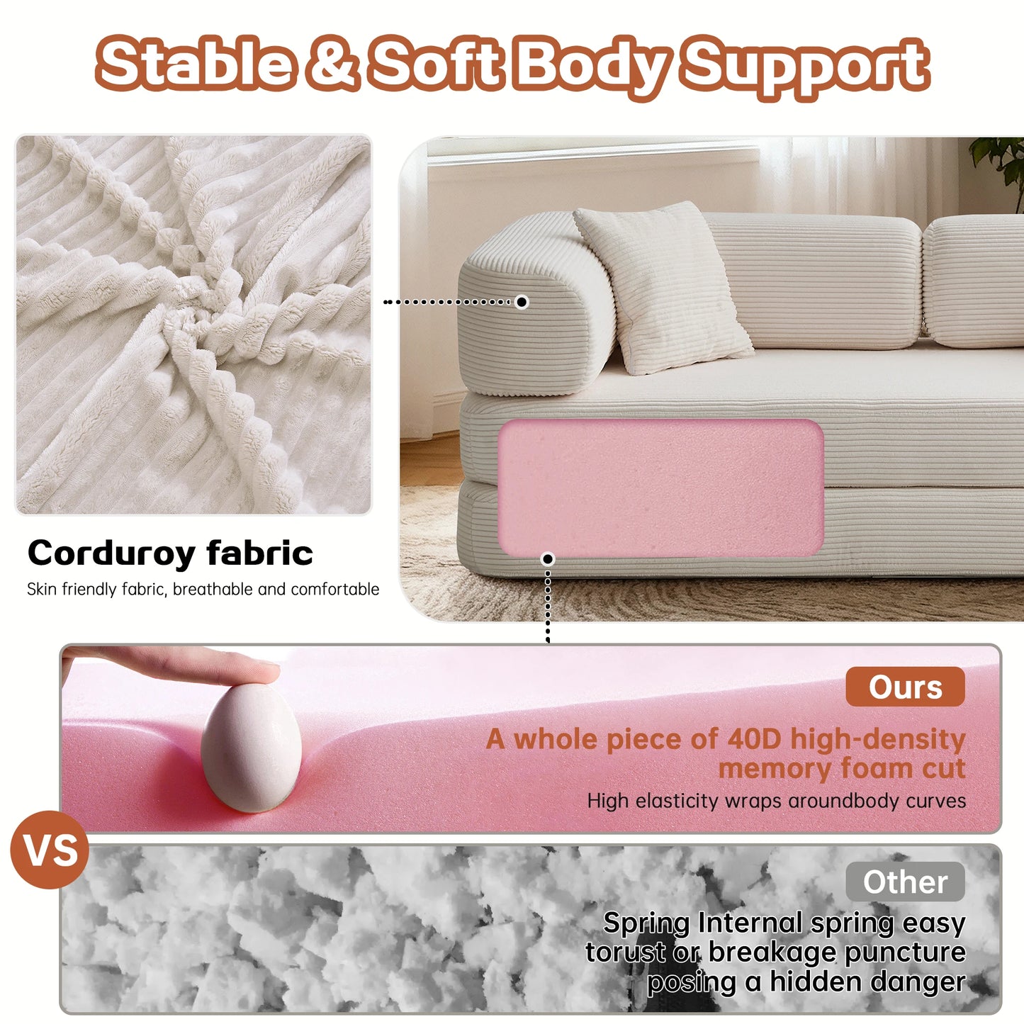 76'' Boneless Couch Futon Sofa Bed Floor Lounge Foldable Convertible Sofa Couch with L‑Shaped Armrests for Living Room Sofas