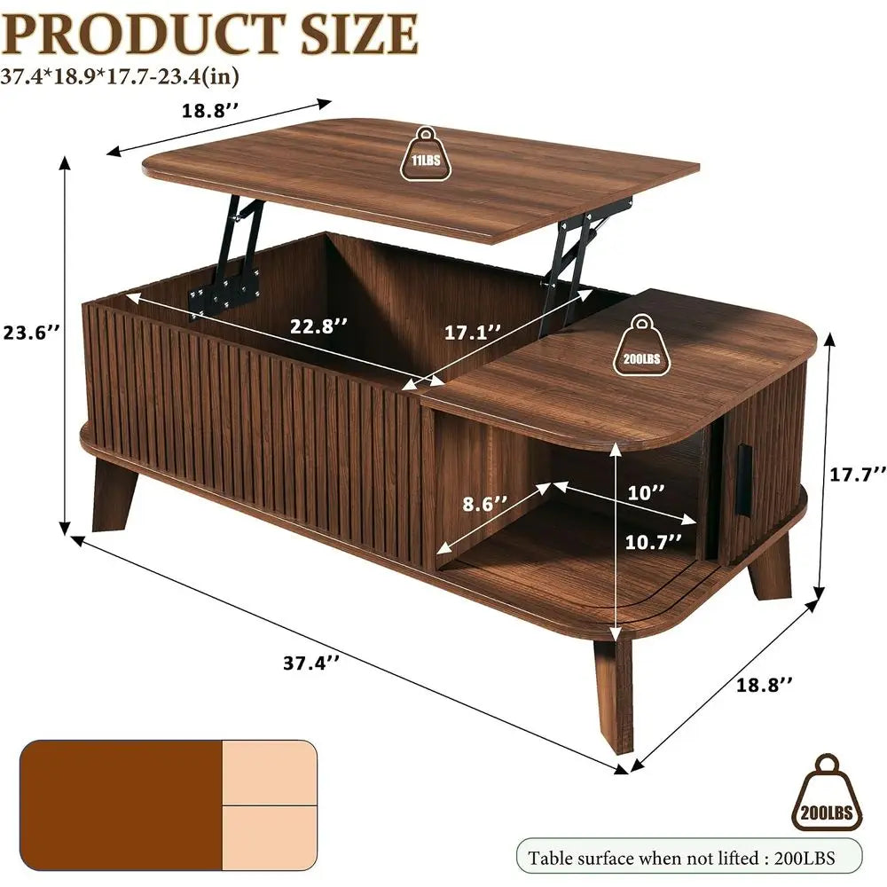 37.4 Large Walnut Coffee Table with Storage and Sliding Door for Living Room & Home Office