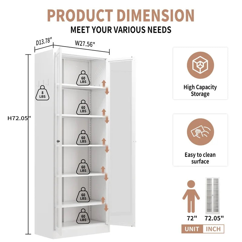 White 72" Freestanding Kitchen Pantry Cabinet with 5 Adjustable Shelves