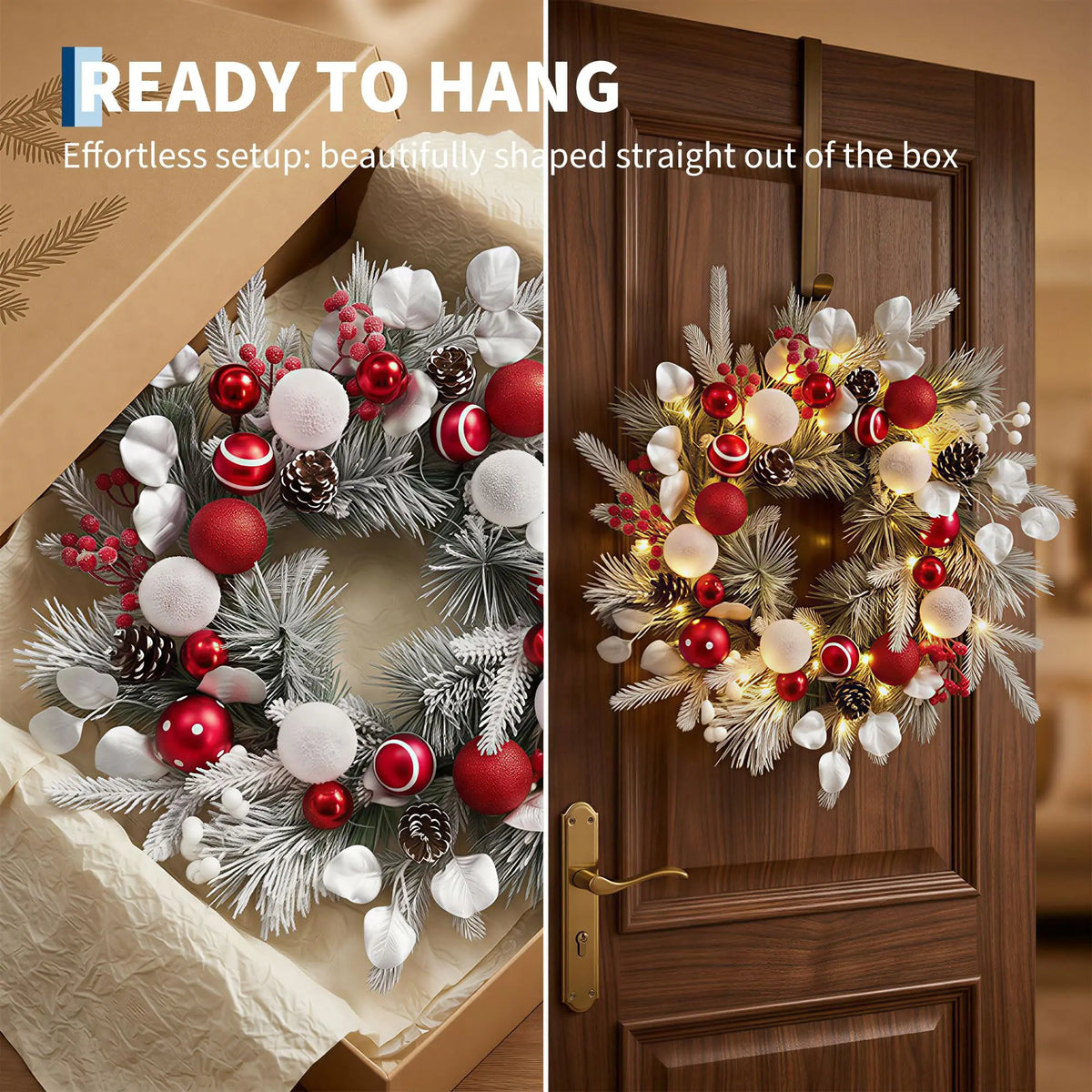 24 Inch Pre-Lit Flocked Christmas Ball Wreath, 20 LED Lights 8 Modes Timer, Full PVC Front Door Mantel Holiday Wall Decor