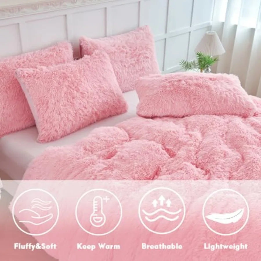 3 Pieces Plush Comforter Sets Full Size Soft Long Faux Fur Shaggy Girls Bedding Set Warm Velvet Fluffy Fuzzy Bed Set for Teens