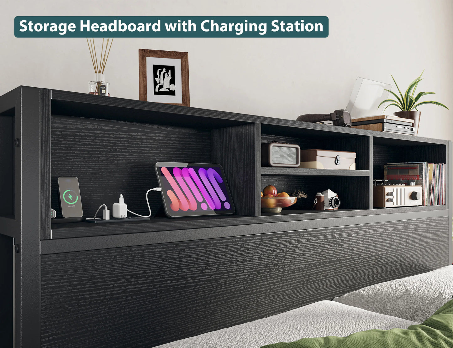 EnHomee Full/Queen/King Bed Frame with 6 Storage Drawers & Charging Station Metal Platform Bed Frame with Bookcase Headboard,No Noise