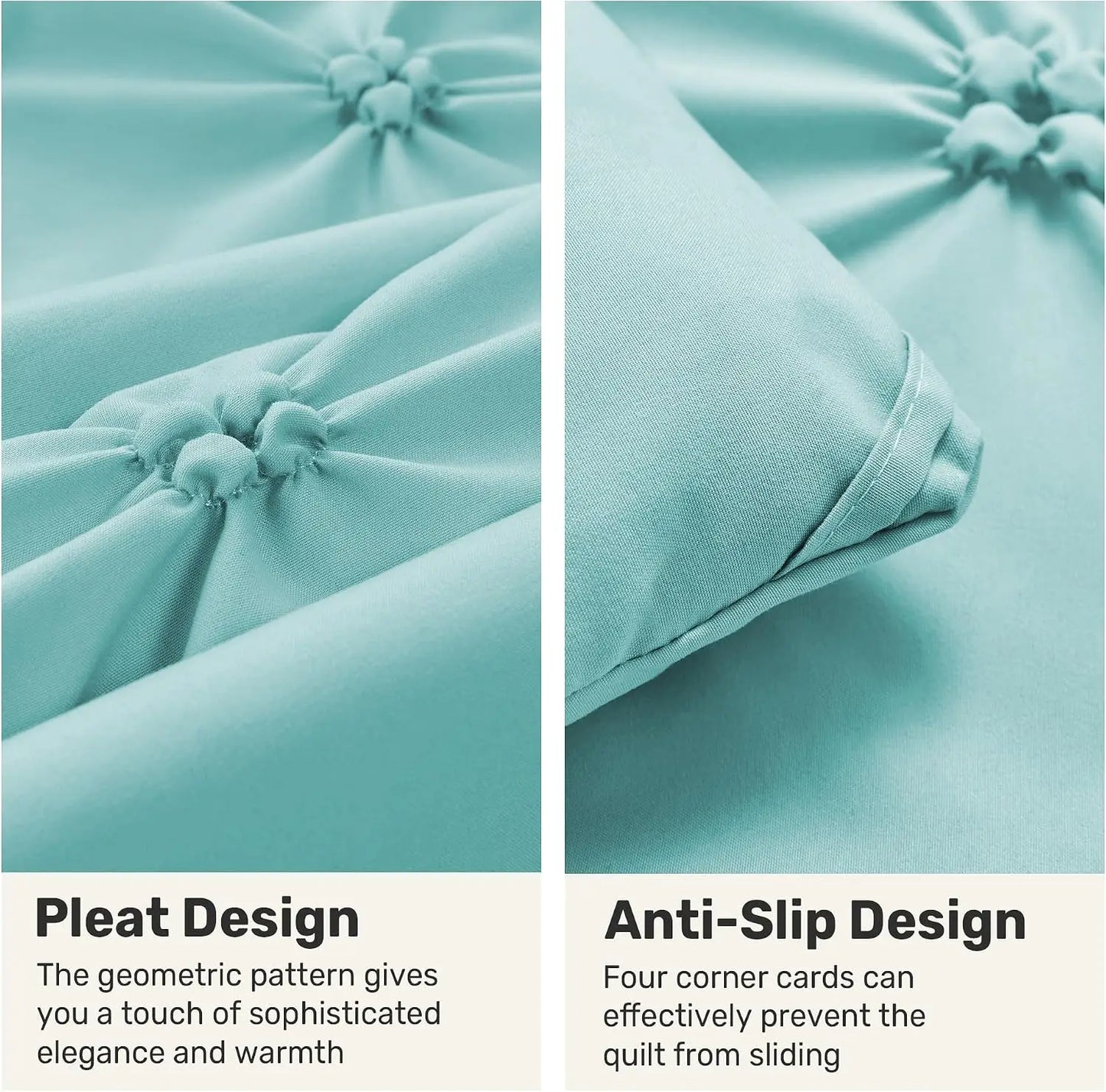 King Size Comforter Set Aqua Blue - Ultra Soft Boho Pinch Pleat Down Alternative Bedding 3 Pieces Lightweight Warm All Seasons