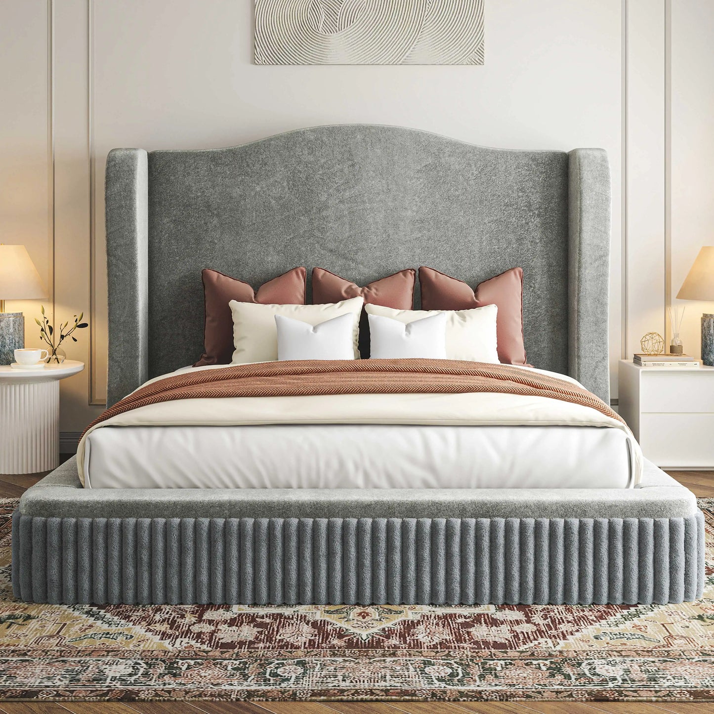 EnHomee 49" Cloud Bed Frame, Soft King Size Bed Frame with Extra High Wingback Headboard, No Box Spring Needed, Easy Assembly