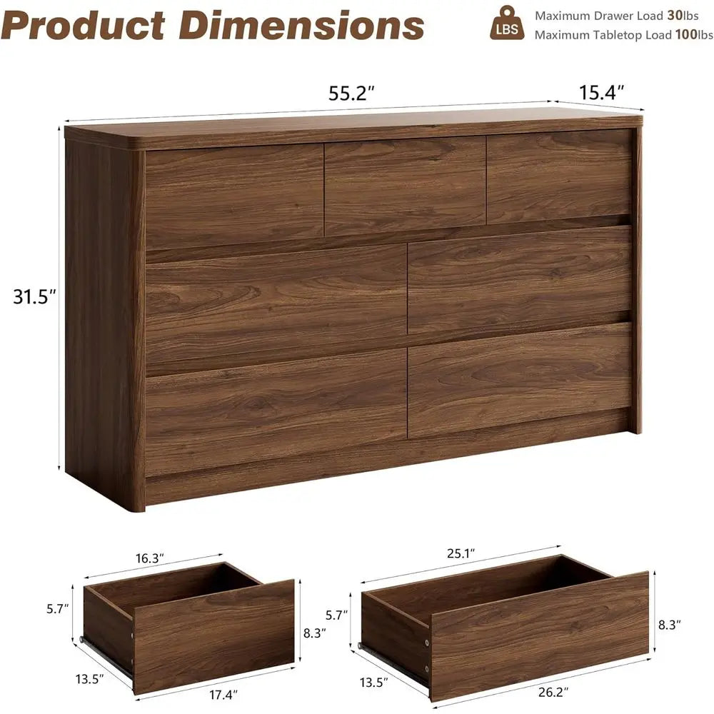 Walnut 3-Piece Bedroom Set with 55 Wide 7-Drawer Dresser, 2 Nightstands, USB Ports & Type C Charging Stations