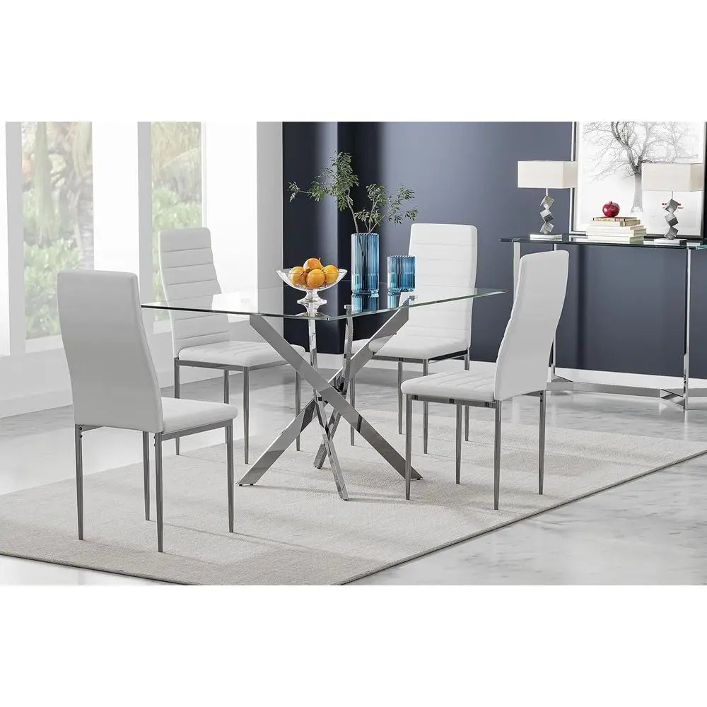 5-Piece Glass Dining Set with Upholstered Chairs or 4-Seat Kitchen Table in Silver with White Chairs